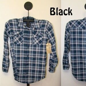 Bailey's Point Men's Plaid Button Front Long Sleeve Flannel 2 Pocket Shirt Black